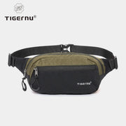 Tigernu waist pack fanny bag for men in black with olive top panel and adjustable strap