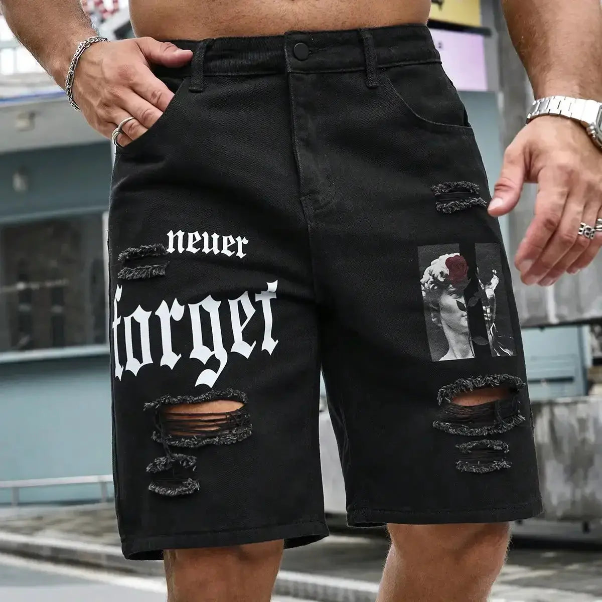 Men's black denim shorts with ripped knees and graphic patch, Simples Market