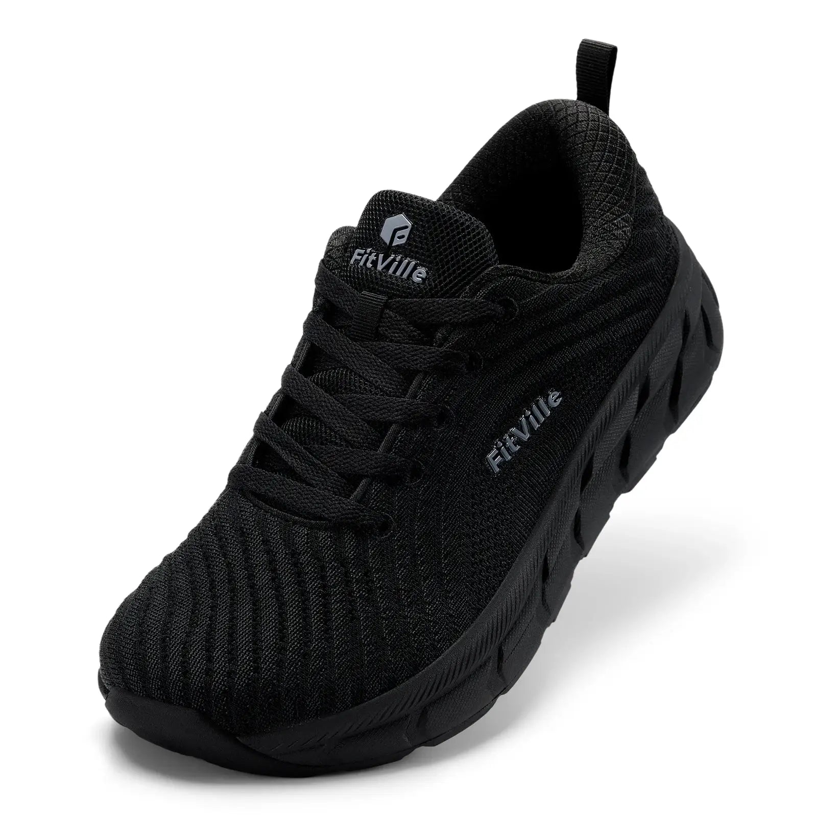 FitVille black wide-toe-box men's running shoe with breathable mesh upper and cushioned sole.