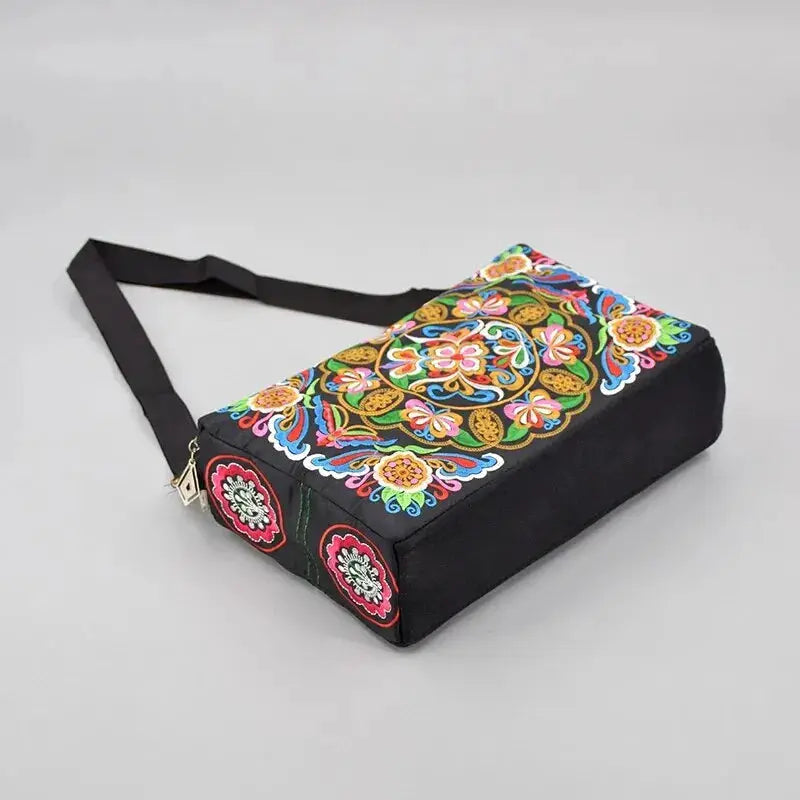 Women's nylon crossbody bag with colorful floral embroidery; black, large-capacity