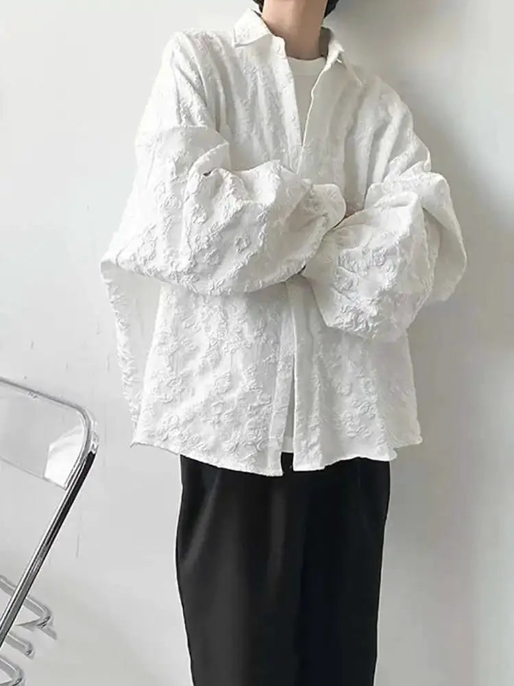 Simples Market 2XL white jacquard shirt with oversized bat-wing sleeves and turn-down collar.