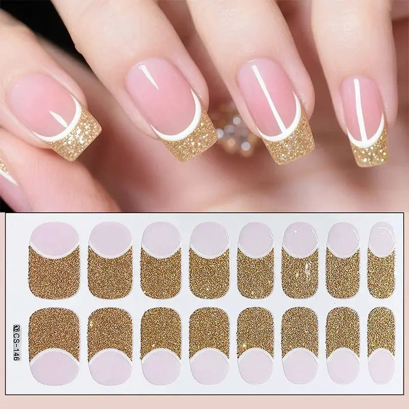 Simples Market full-cover gold glitter nail stickers with pink base, 20-piece self-adhesive manicure decals.