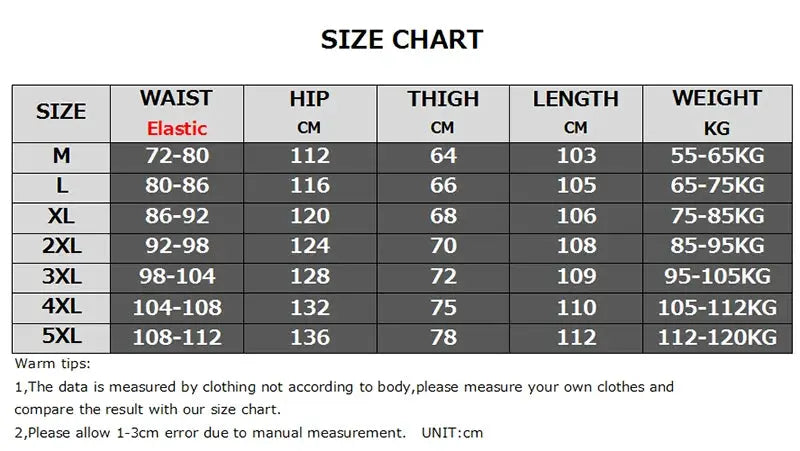 Men's tactical pants size chart by Simples Market, elastic waist cotton cargo pants in sizes M-5XL