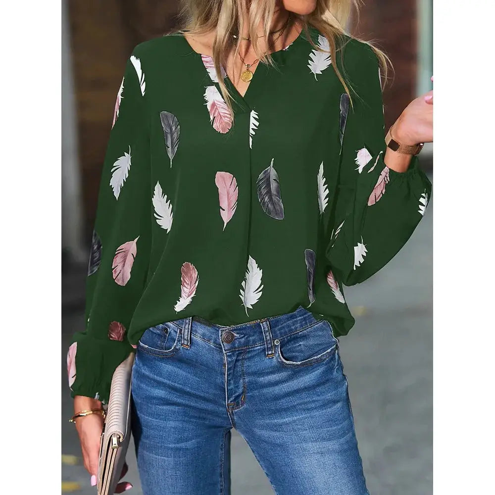 Women's green feather-print chiffon blouse with long sleeves by Simples Market