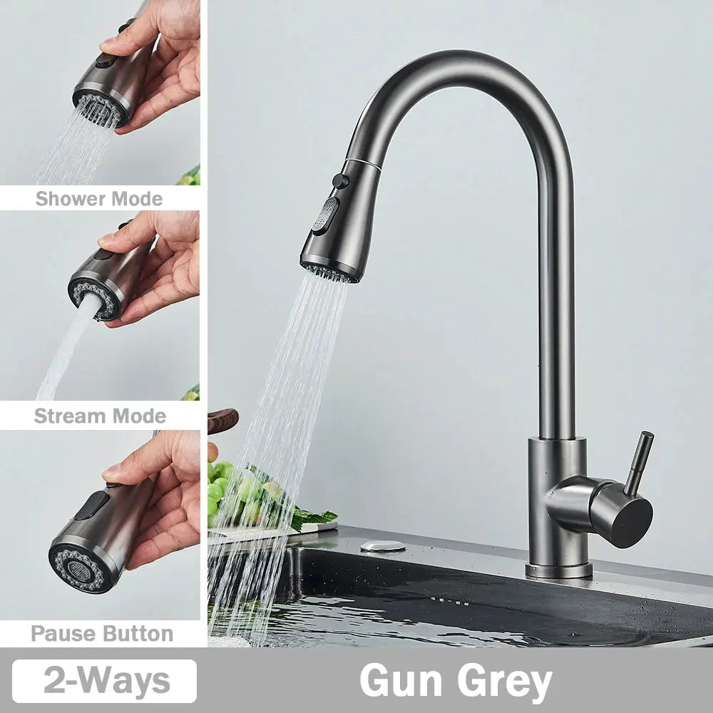 Brushed nickel kitchen faucet with gun-grey pull-out spray head; 2 modes: shower and stream, pause button.