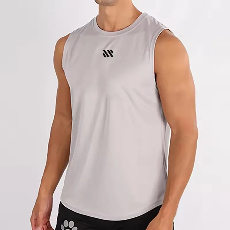 Men's gray sleeveless gym vest with mesh fabric and small Simples Market logo on chest