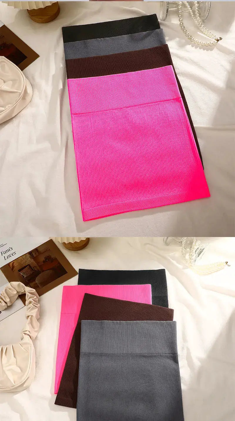 Women's high-waist knitted mini skirts in five colors: black, gray, brown, hot pink, and fuchsia