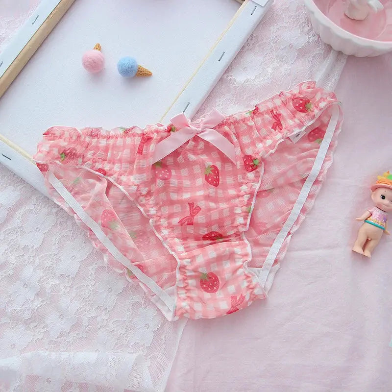 Panties pink strawberry-print mesh with frilly trim and bow