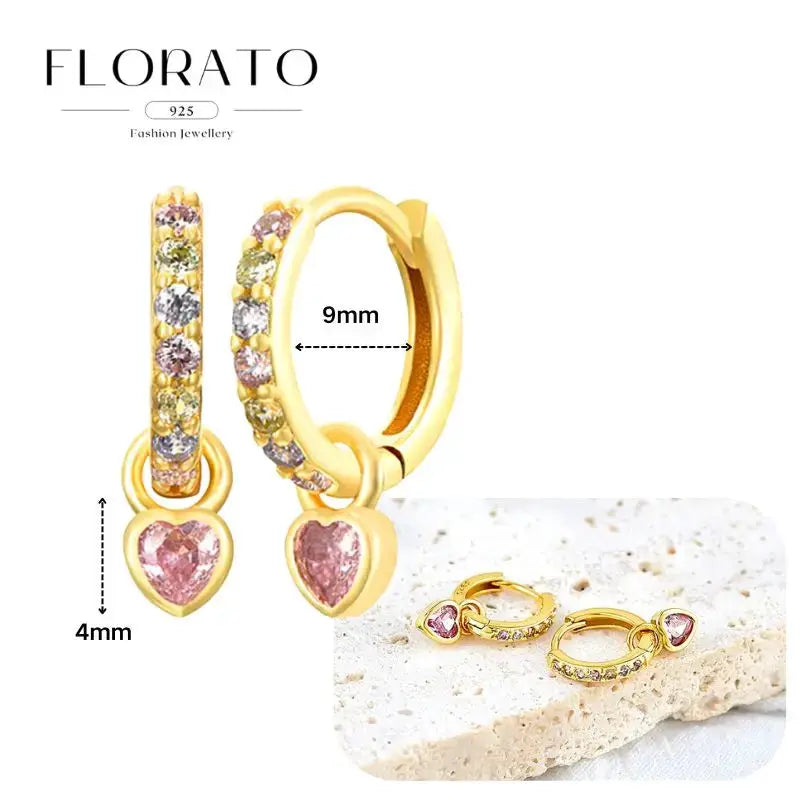 Florato gold-tone hoop earrings with pink heart pendants and colored stones, 9mm inner diameter