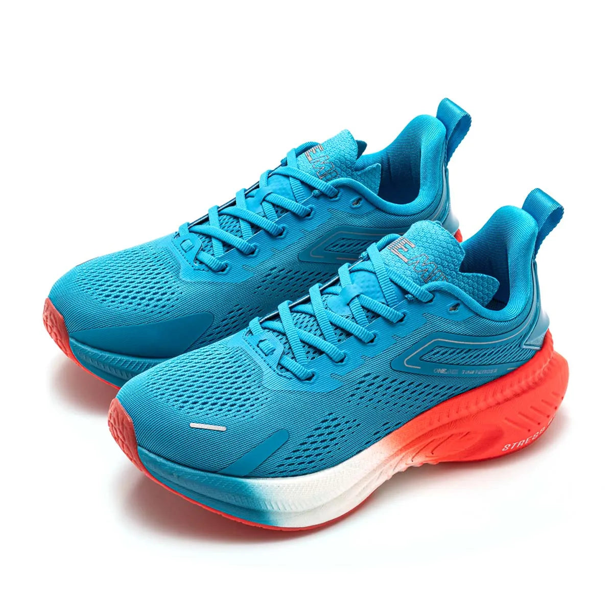 ONEMIX men's breathable running shoes; blue knit upper with orange outsole, lightweight athletic sneakers