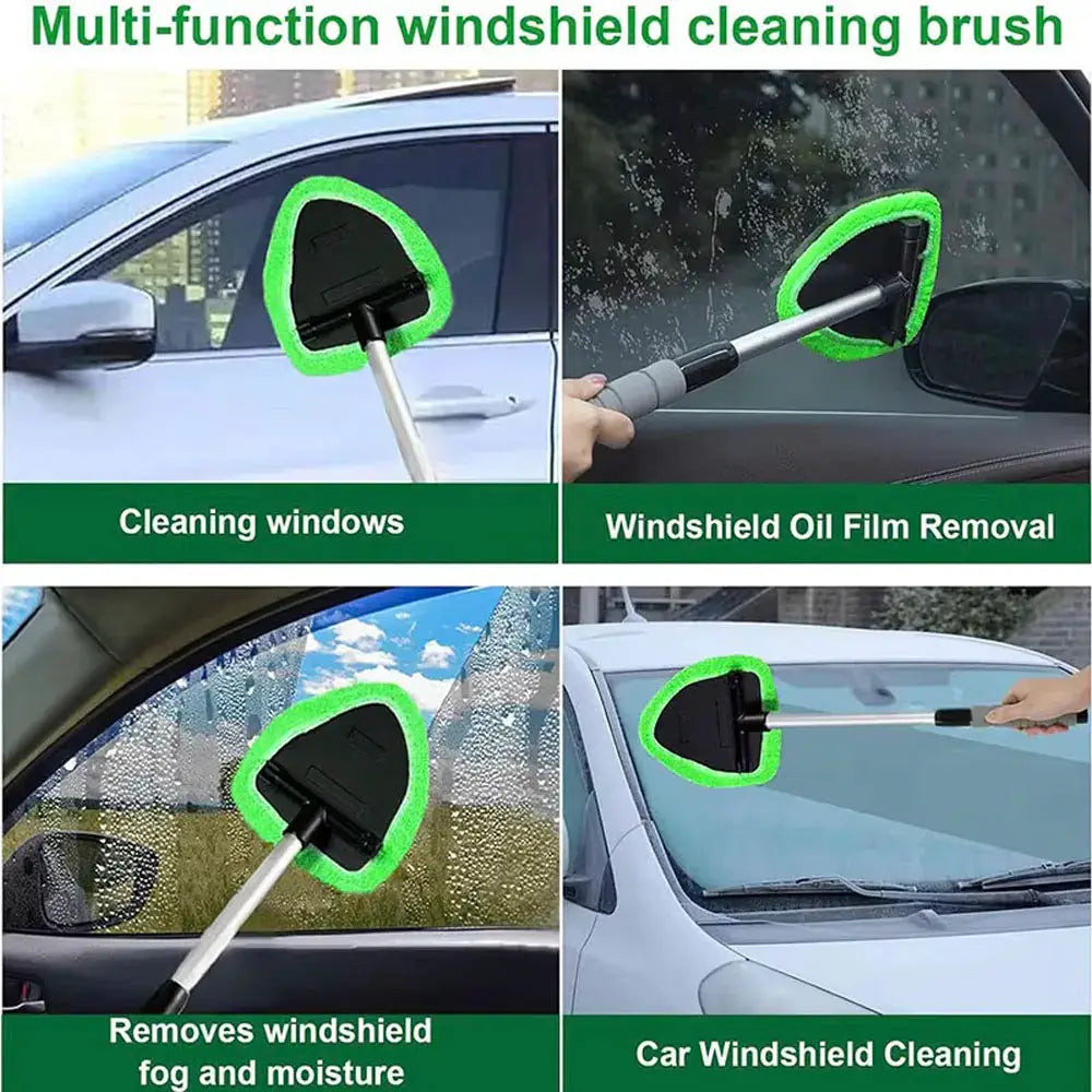 Telescopic car window cleaning brush set with green-trim microfiber head for windshield and glass cleaning