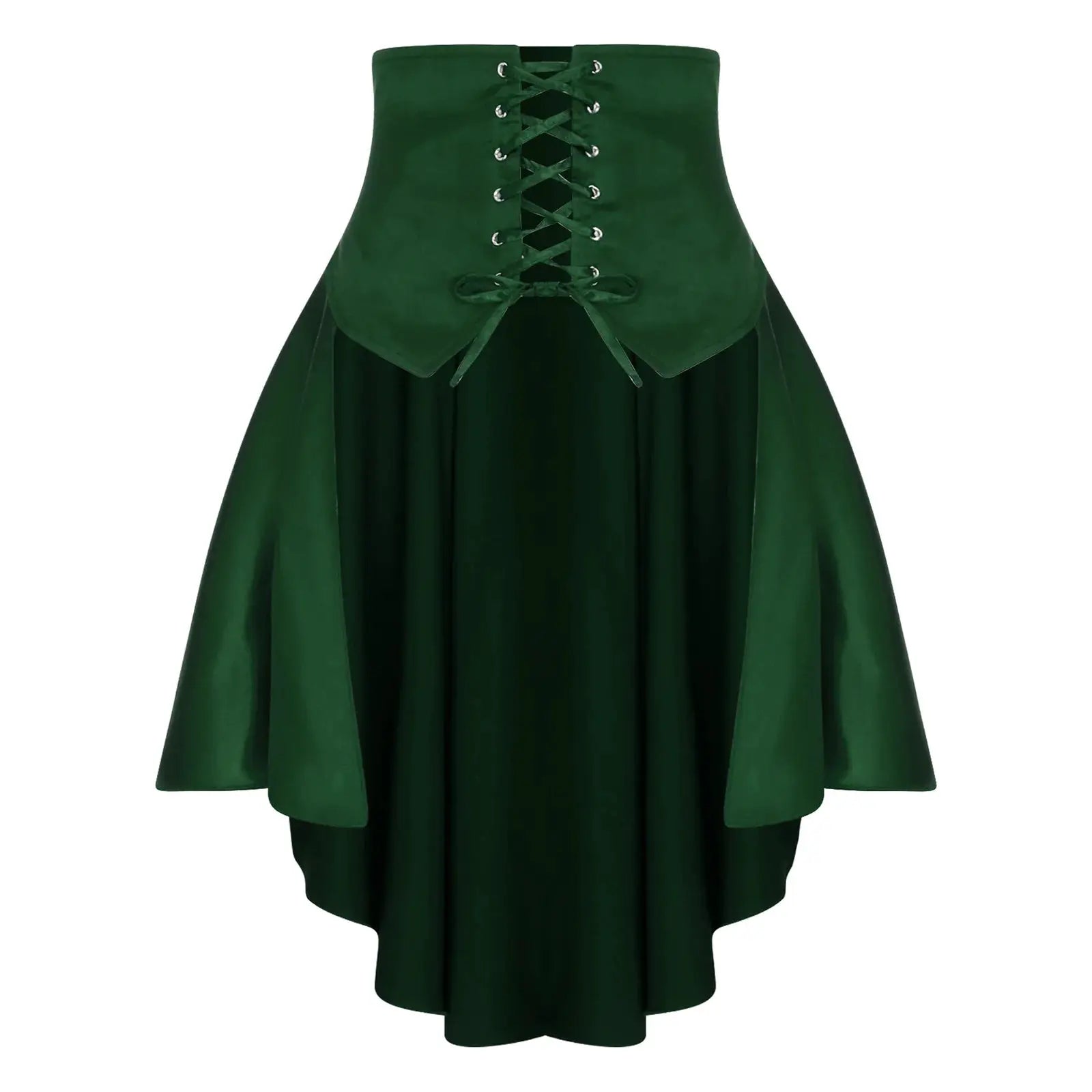 Green satin pirate skirt with front lace-up corset waist belt, tiered ruffles and irregular hem