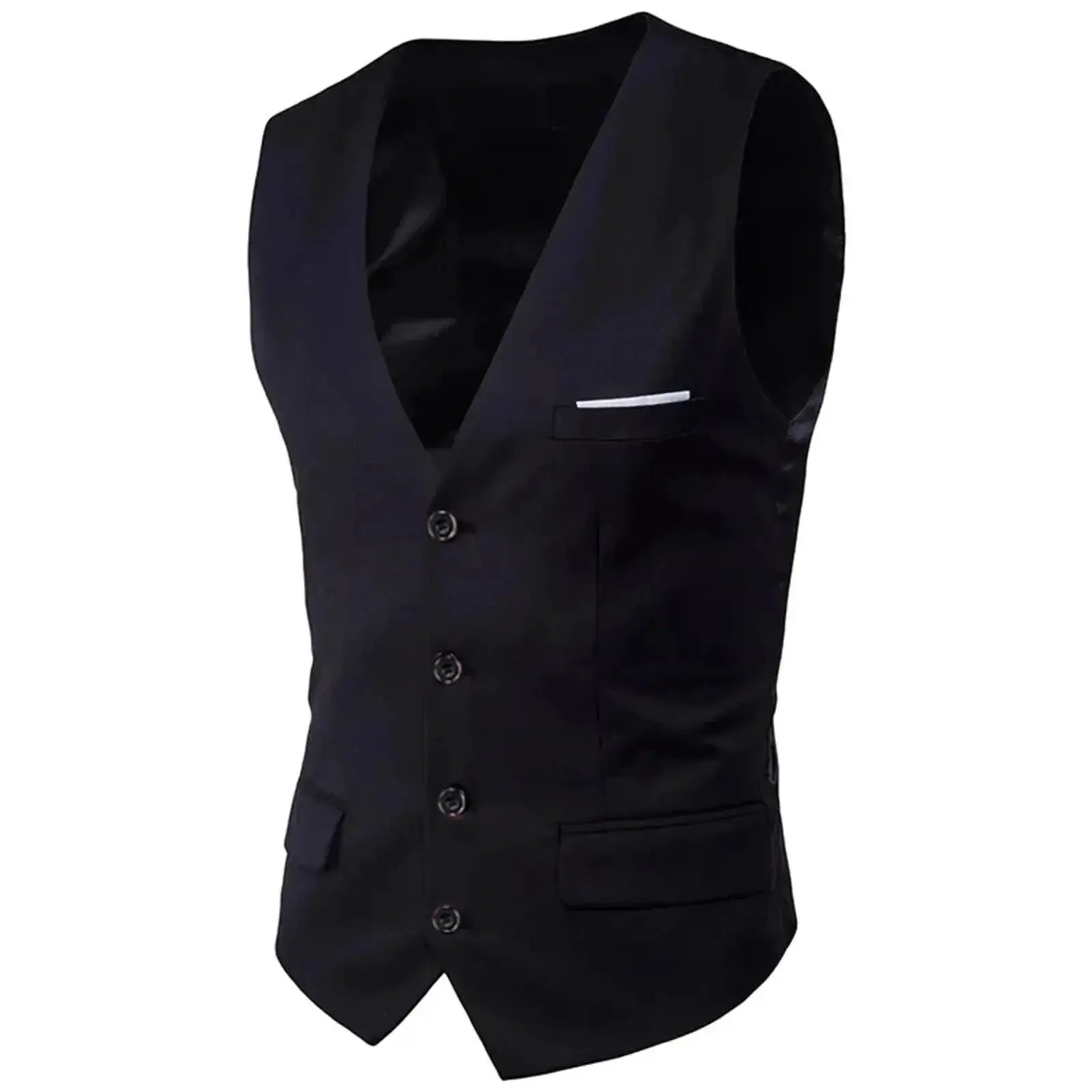 Men's black suit waistcoat by Simples Market with white pocket square and front buttons.