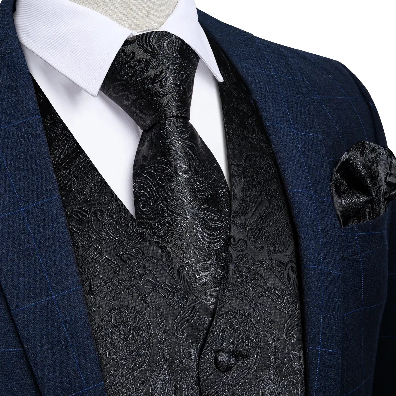 Men's suit vest with black paisley jacquard waistcoat and necktie over a navy windowpane suit, Simples Market