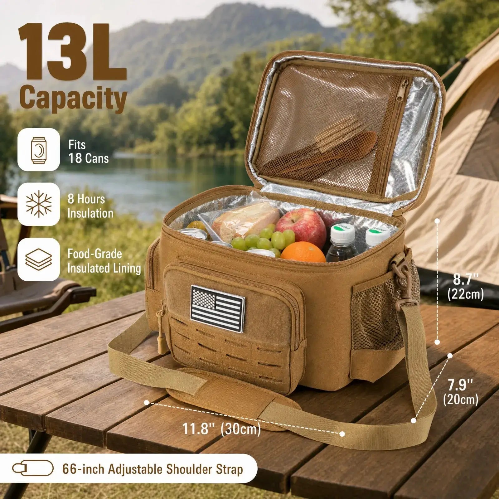 13L tactical thermal lunch bag by Simples Market, tan insulated leakproof meal carrier with front American flag patch.