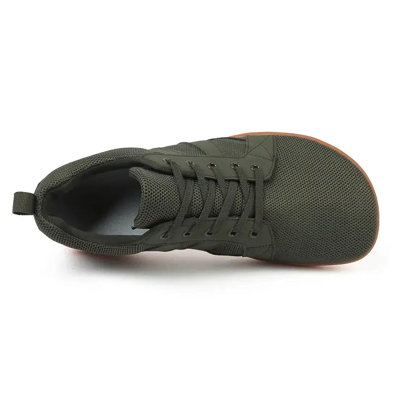 Wide-toed shoes olive green mesh casual sport shoe, top view