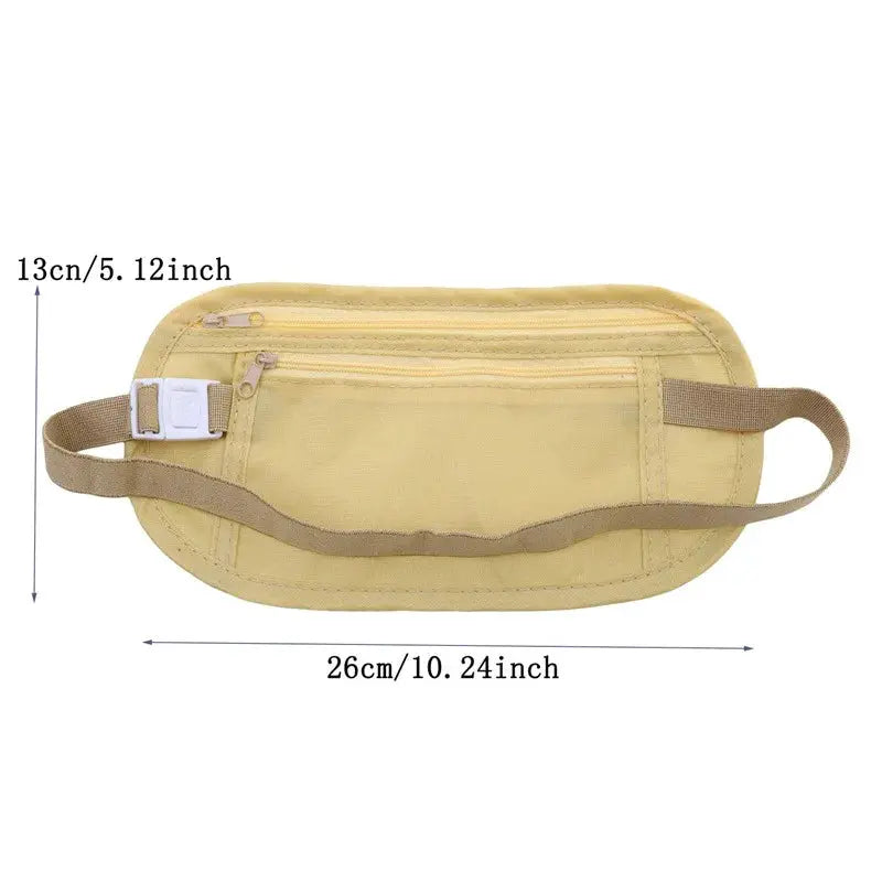 Simples Market invisible travel waist pouch; beige fabric with front zip pocket and adjustable strap
