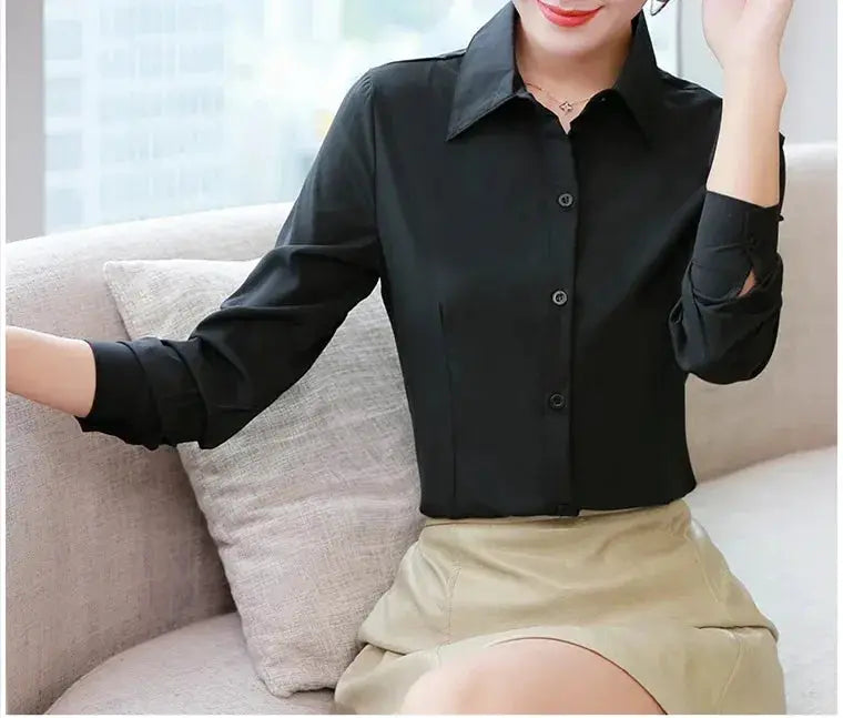 Simples Market women's black long-sleeve button-down shirt, office blouse paired with beige skirt