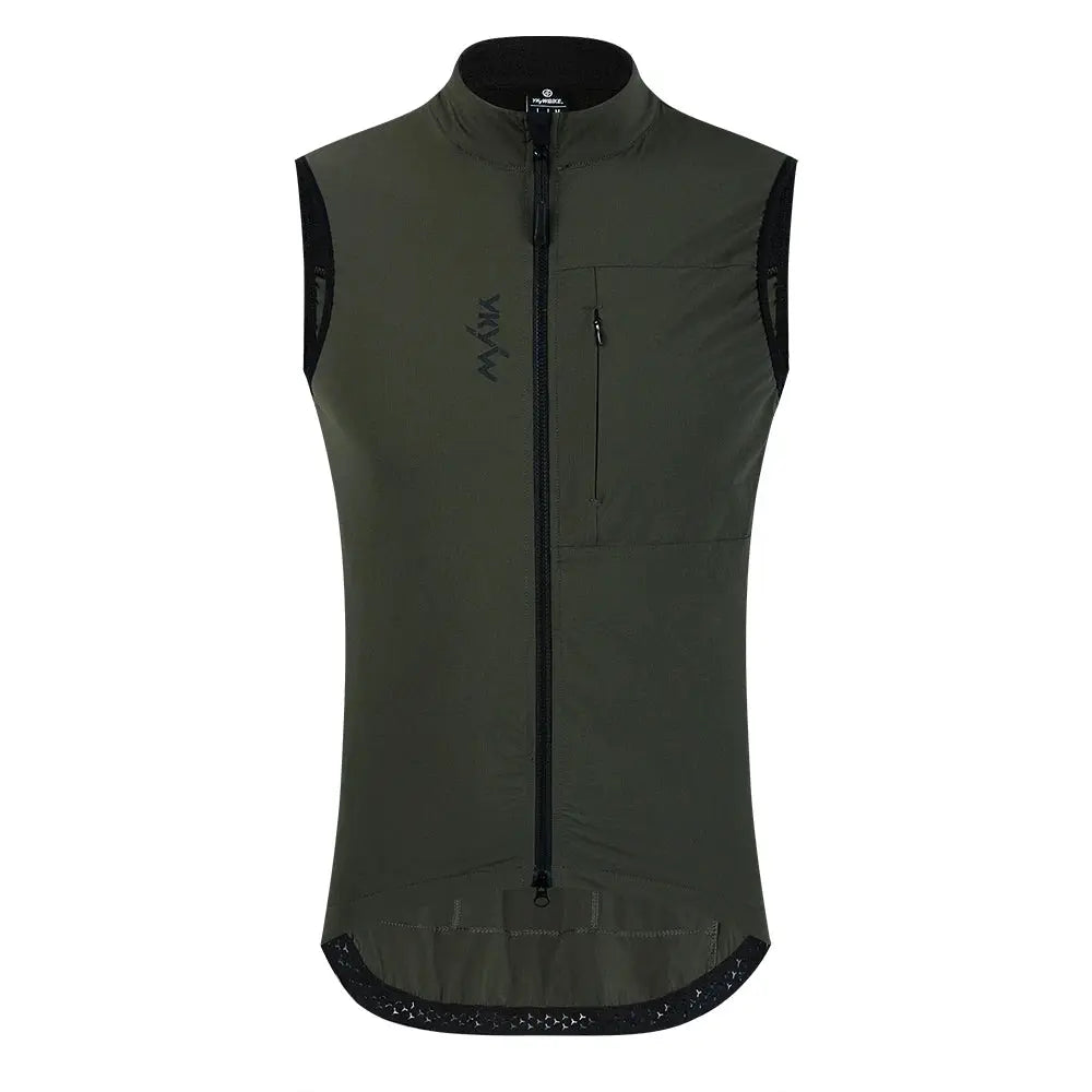 Men's sleeveless cycling windbreaker vest in olive green with front zipper by YKYWBIKE