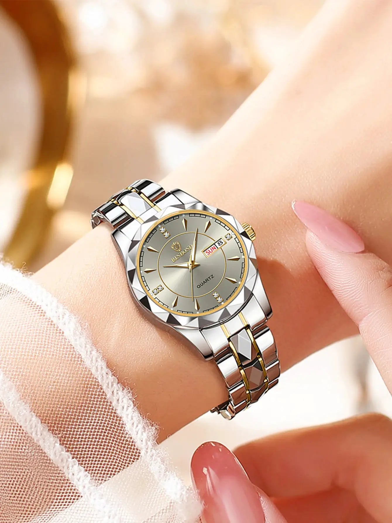 BINBONG women's luxury quartz wristwatch with silver-gold stainless steel band, diamond markers and date window