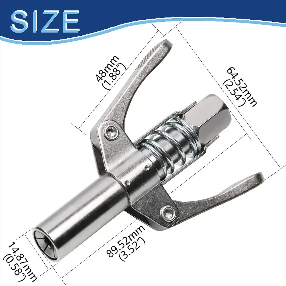 Grease gun coupler with quick-release nozzle, metal chrome finish