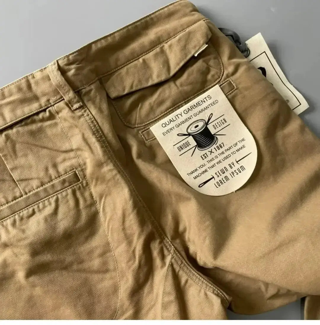 Simples Market men's khaki cargo pants, pure cotton, loose straight-leg heavy-duty casual wear.