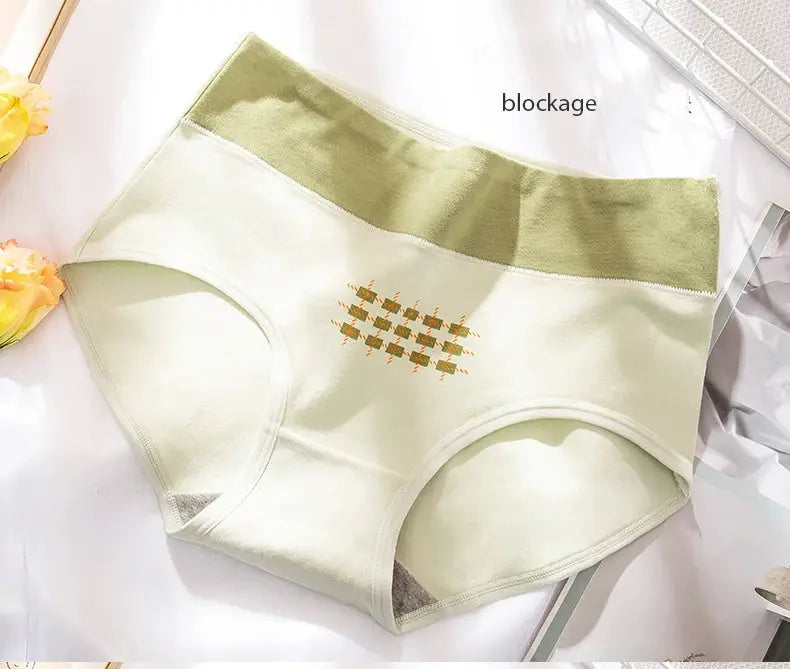 Cotton women's high-waist panties in cream with olive-green waistband and small printed motif