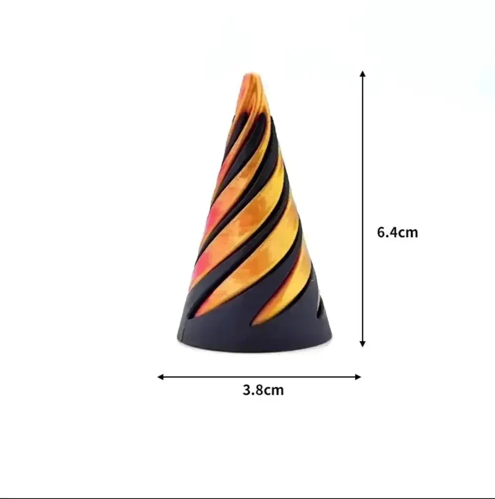 3D-printed helix screw rotating toy sculpture in orange-yellow twisted stripes on a black base, 6.4 cm tall and 3.8 cm wide