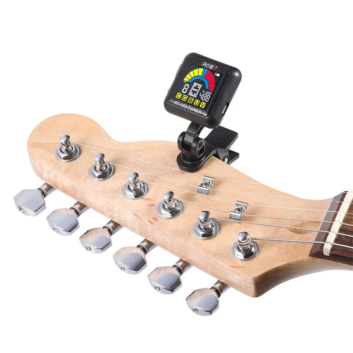 AROMA AT102 Rechargeable Tuner Clip On For Guitar Bass Ukulele Violin Large 360 Degree LCD Display And Built In Battery