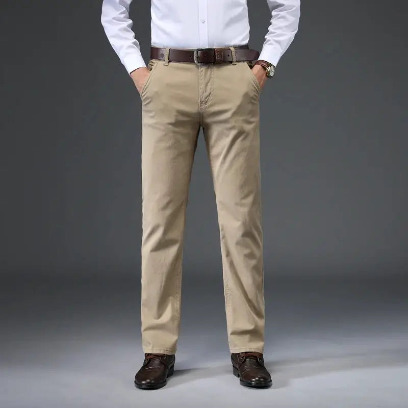 Men's khaki cotton-stretch straight pants for business casual wear, shown with a brown belt.