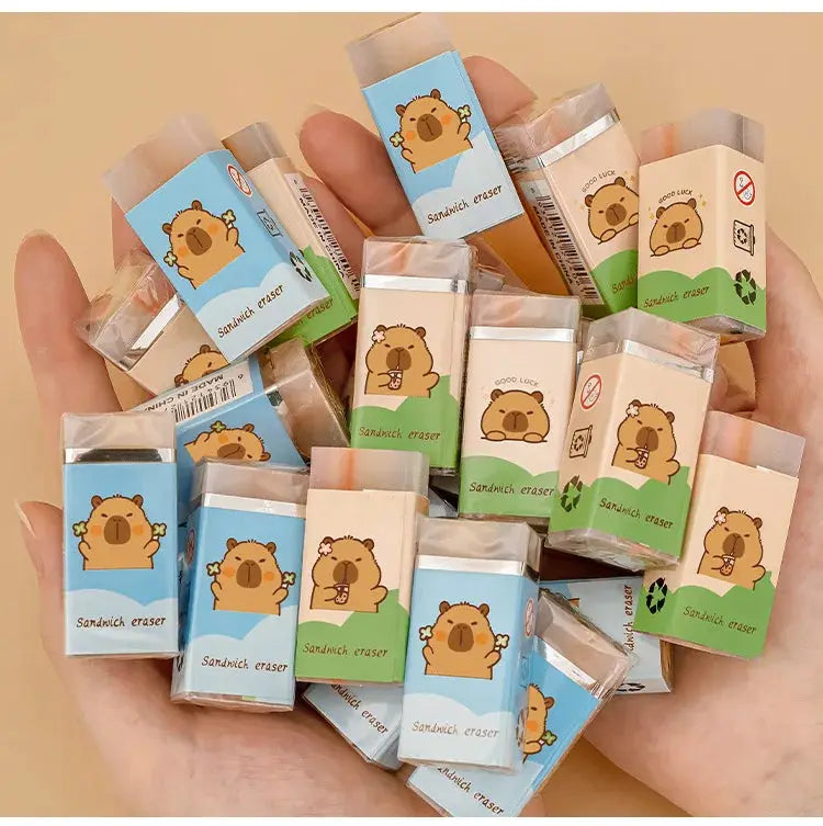 Simples Market Kapibara erasers set with cute capybara sandwich erasers in blue, green, beige packaging, many pieces