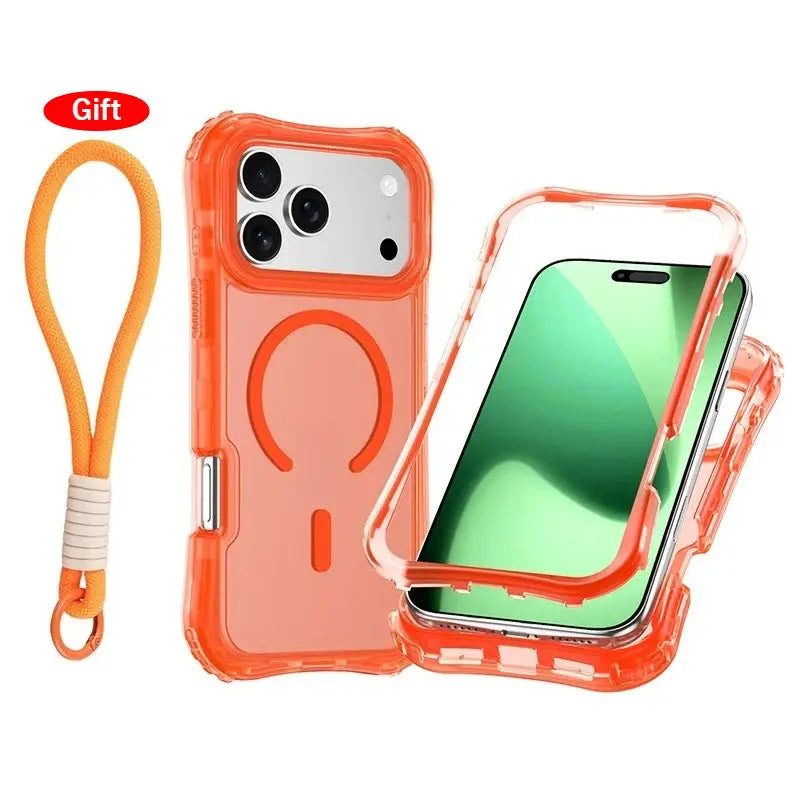 Armor 3IN1 clear case with orange bumper and wrist strap for iPhone 17 Pro Max and 16–12 Plus by Simples Market