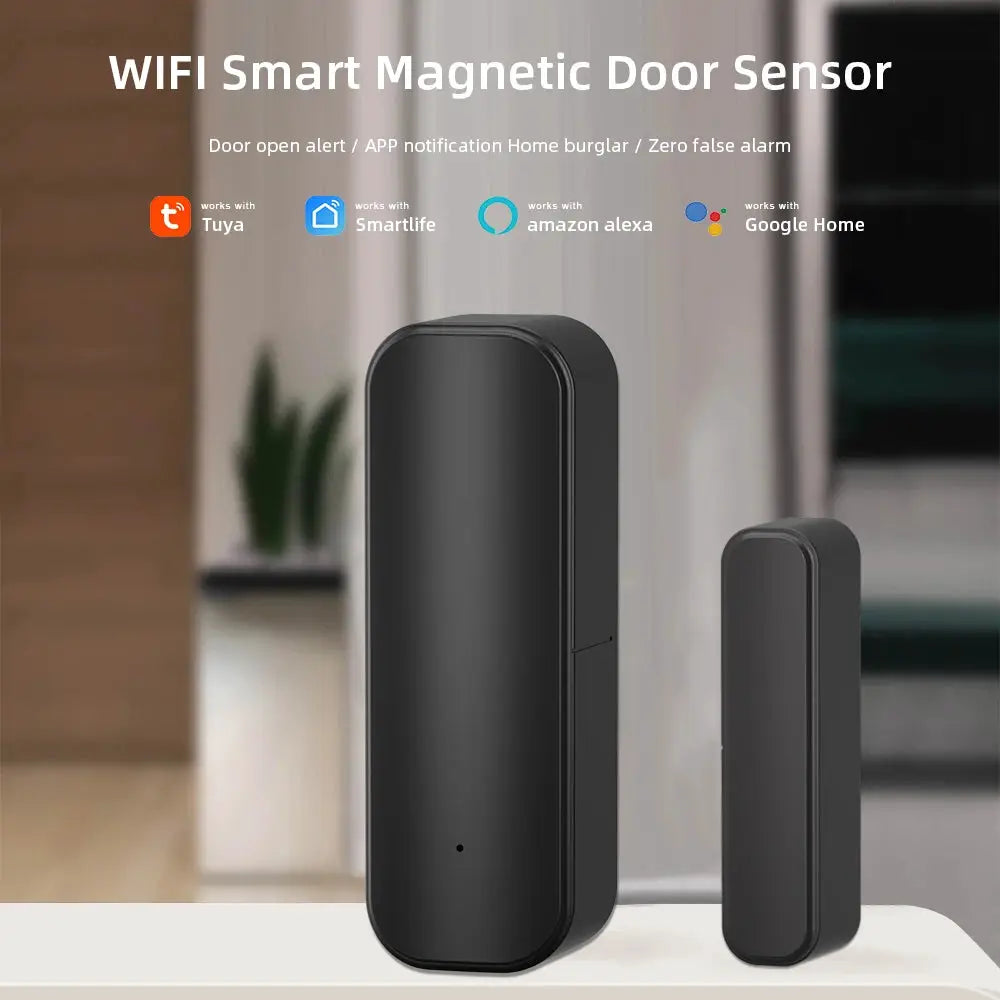 WiFi/ZigBee magnetic door sensor set by Simples Market in black with two units, compatible with Alexa and Google Home.