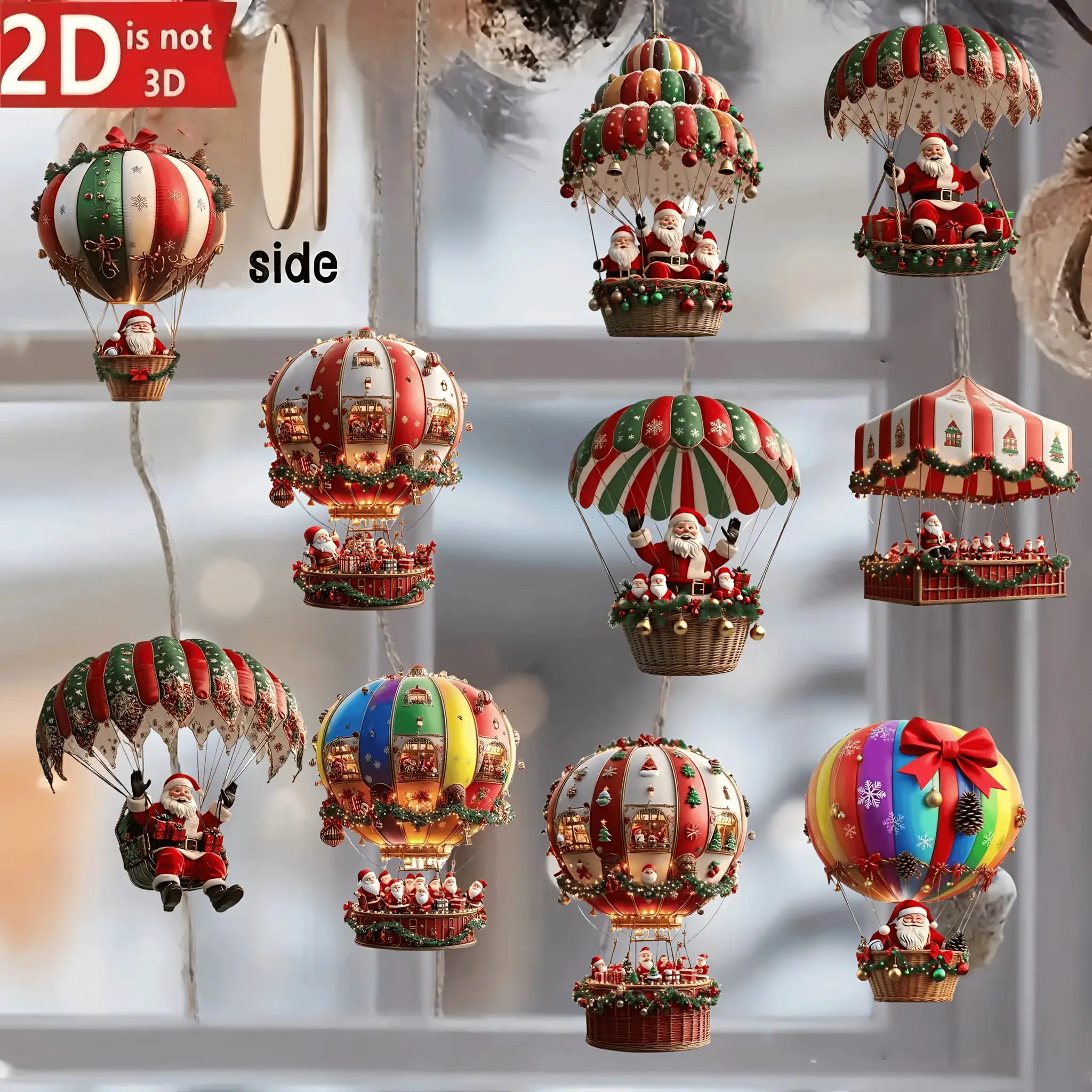 10 Piece Christmas Wooden Pendants Set 2D Flat Hot Air Balloon Santa Claus For Christmas Tree Decoration And Gift