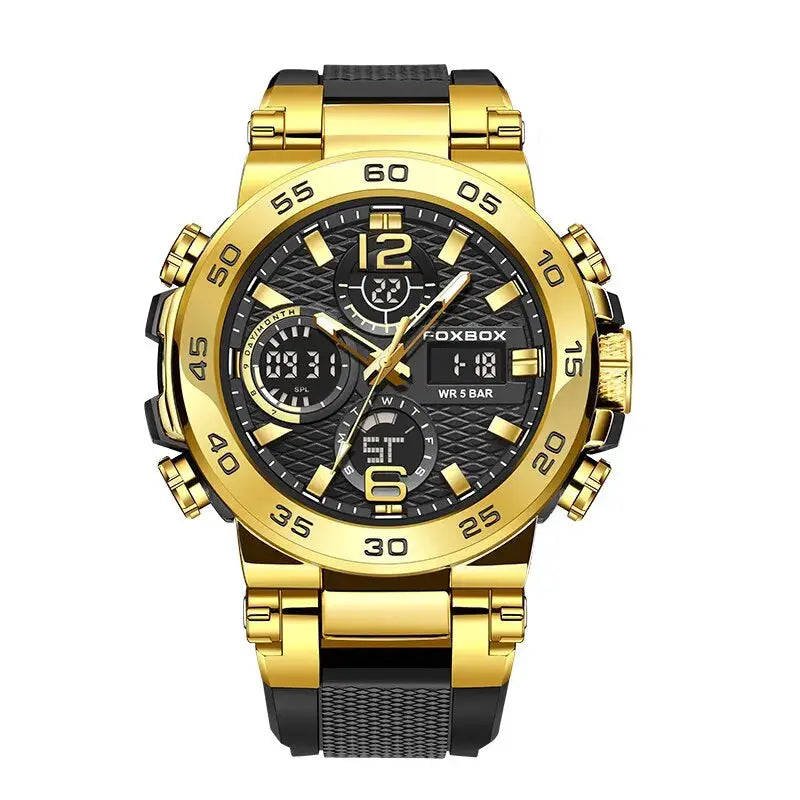 FOXBOX men's gold-tone luxury sport watch with black dial and chronograph, boxed.