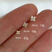 Star zircon tiny stud earrings in 3mm, 4mm, and 5mm sizes, sterling silver