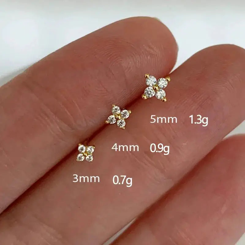Star zircon tiny stud earrings in 3mm, 4mm, and 5mm sizes, sterling silver