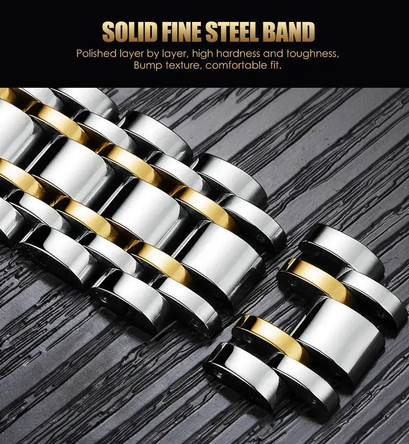 Two-tone stainless steel watch bands with gold center links for men