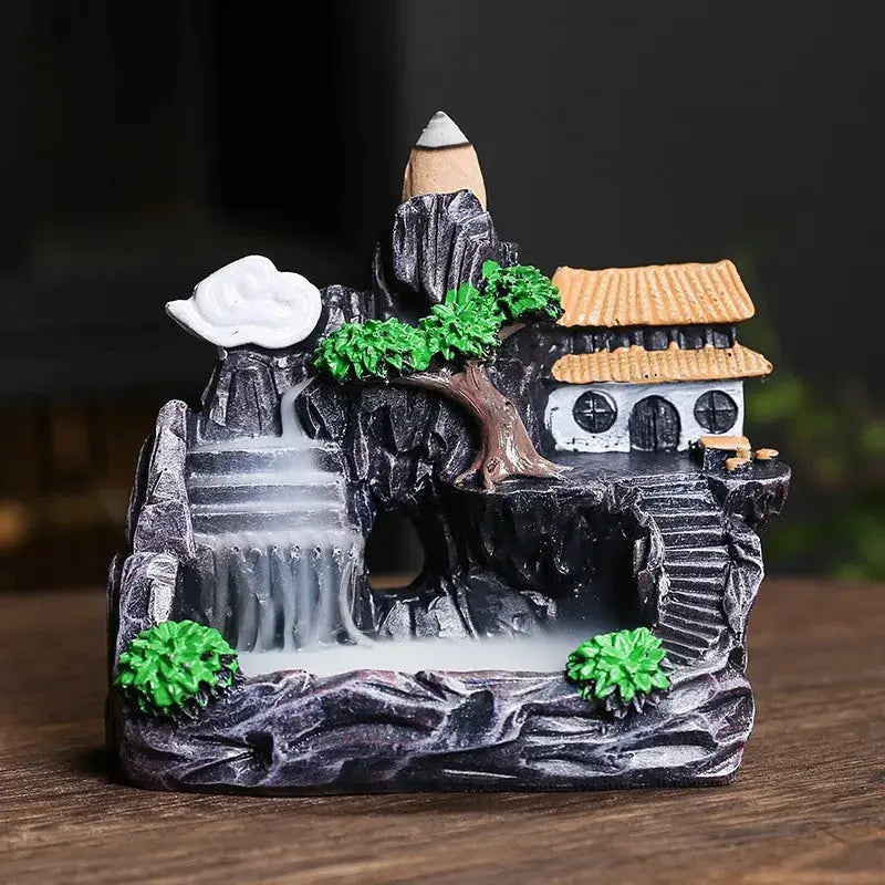 Resin Cascade Backflow Incense Burner With Mountain Waterfall Design For Home Decor And Meditation Gift