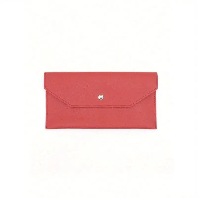 Red leather women's wallet with envelope flap and metal snap closure, card slots