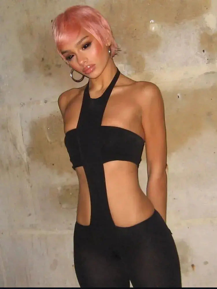 kliou cross-cut halter backless jumpsuit for women in black with elastic bandage design.