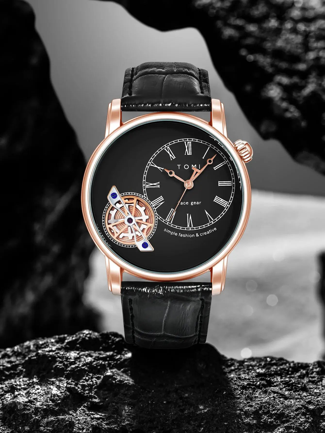 TOMI men's quartz watch with rose-gold case, black leather strap and skeleton dial
