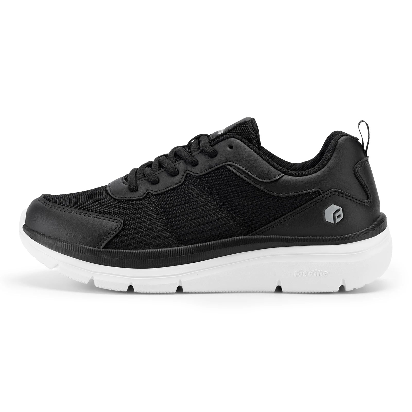FitVille men's black walking shoe with white sole and side logo