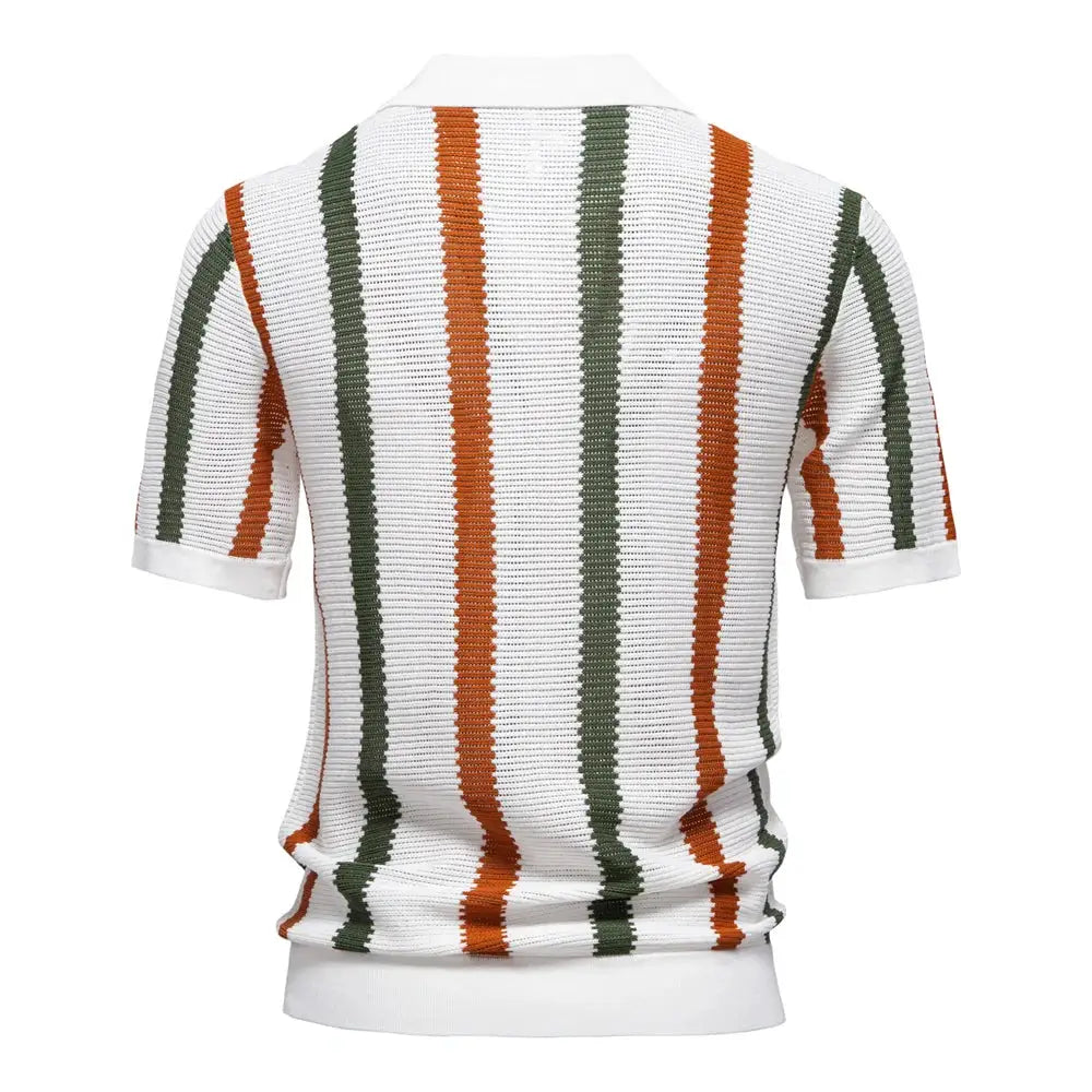 Men's ribbed knit polo shirt in white with orange and green vertical stripes, short sleeves, polo collar