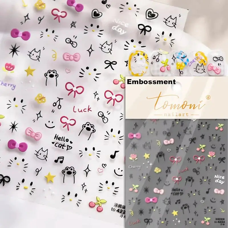 Pink translucent peach jelly nail art stickers, self-adhesive, by Simples Market with 5D embossed cat, bow, star motifs