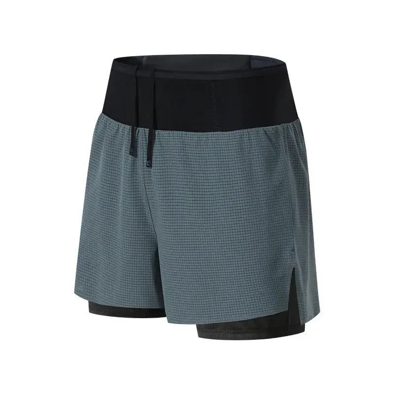 Men's summer running shorts with double-layer design, gray-blue outer and black waistband, quick-dry breathable fabric.