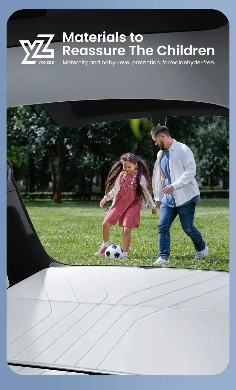 Tesla Model Y trunk mat, white leather, waterproof fully surrounded non-slip liner; YZ Yonzee logo, Simples Market.