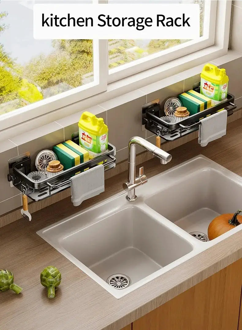 Simples Market black kitchen shelf drying rack duo, wall-mounted over sink with towels, bottles and brushes