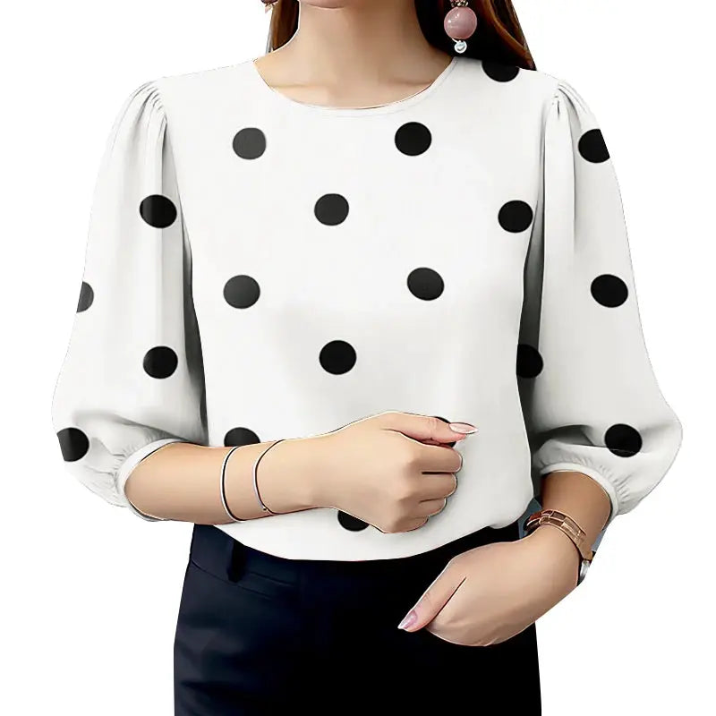 Polka Dot Blouse For Women ZANZEA O Neck Three Quarter Sleeve Top