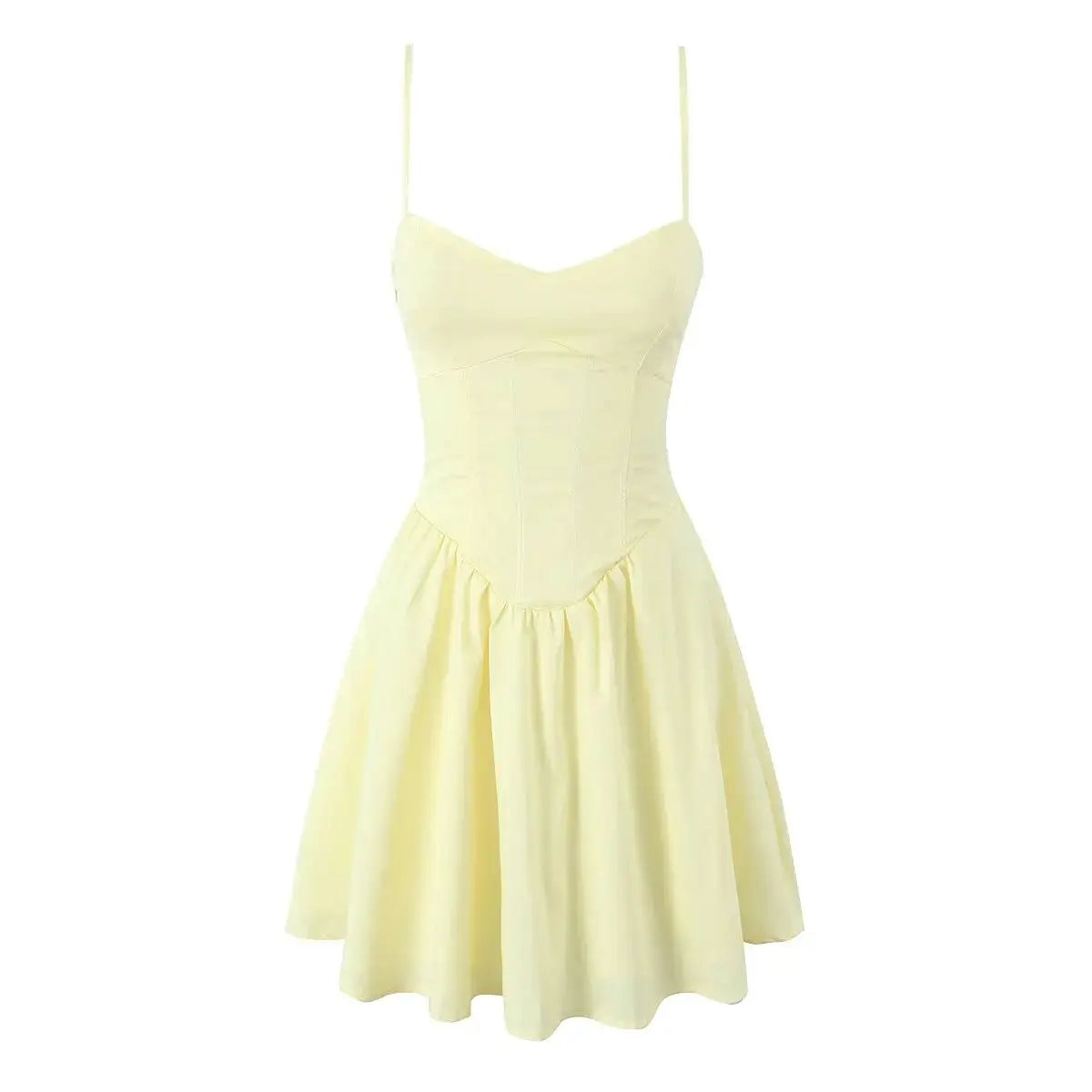 Yenkye Sexy Elegant Fishbone Waist Mini Dress Yellow Lace Up Back